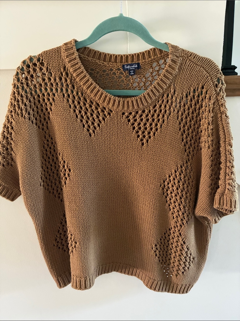 Splendid Open-Weave Short-Sleeve Crew Sweater in Camel